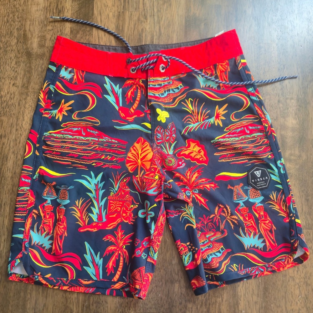 Vissla Kids Navy Blue Tropical Island Print Board Shorts Size 26 Upcycle Coconut
